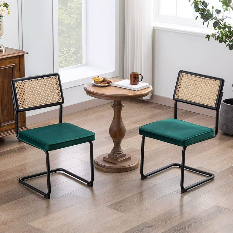 Duhome Rattan Dining Chairs Set of 2 Velvet Upholstered Side Chairs with Cane Back and Metal Legs Mid Century Modern Dining Living Room Kitchen