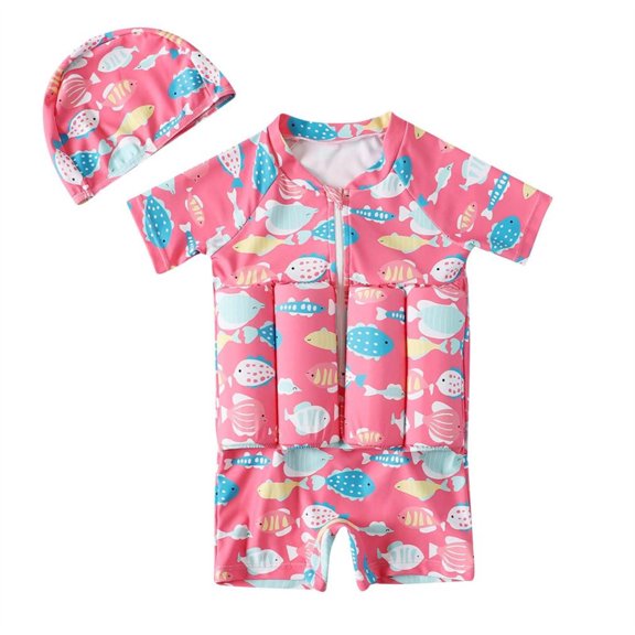 Summer Savings Clearance! Edvintorg Toddler Girls Buoyancy Swimsuit Small Fish Print Short Sleeve Front Zipper Swimsuit With Hat One-piece Bathing Suit Summer Swimwear For 6M -4Y