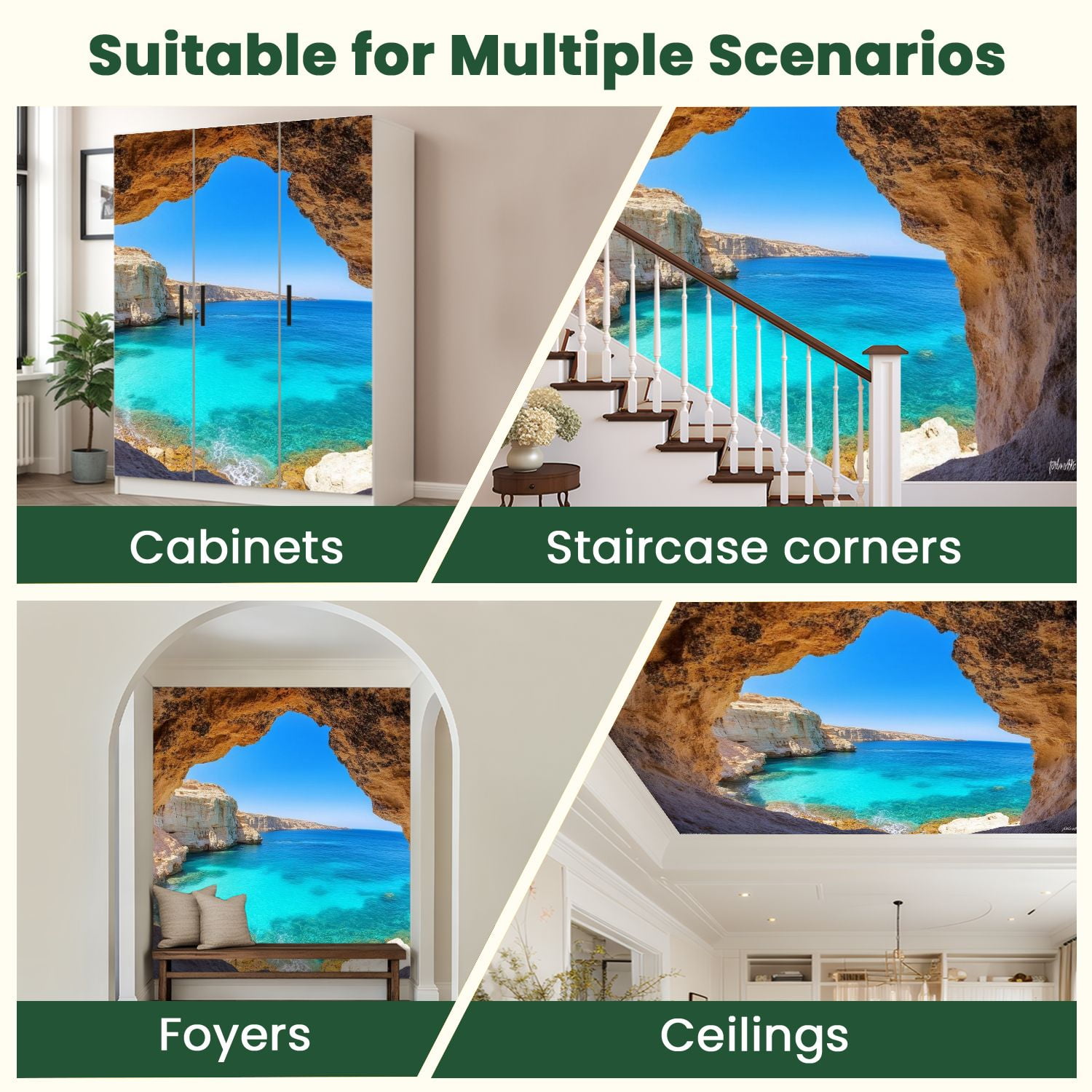 Peel and Stick Wallpaper Ocean Cave 3D Peel Stick Large Poster Kitchen Bedroom Living Room Home Modern Art Wall Mural Decor Self Adhesive and Removable 100in x 144in