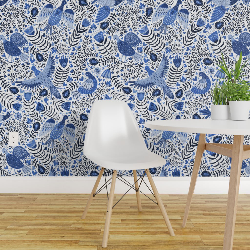 Removable Water-Activated Wallpaper Blue Bird Floral Birds Indigo And White