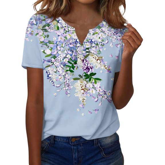 ASDFVBKG Floral Print T Shirts for Women Spring casual short Length Sleeve Blouse Valentine Crew Neck Outfits Blue L