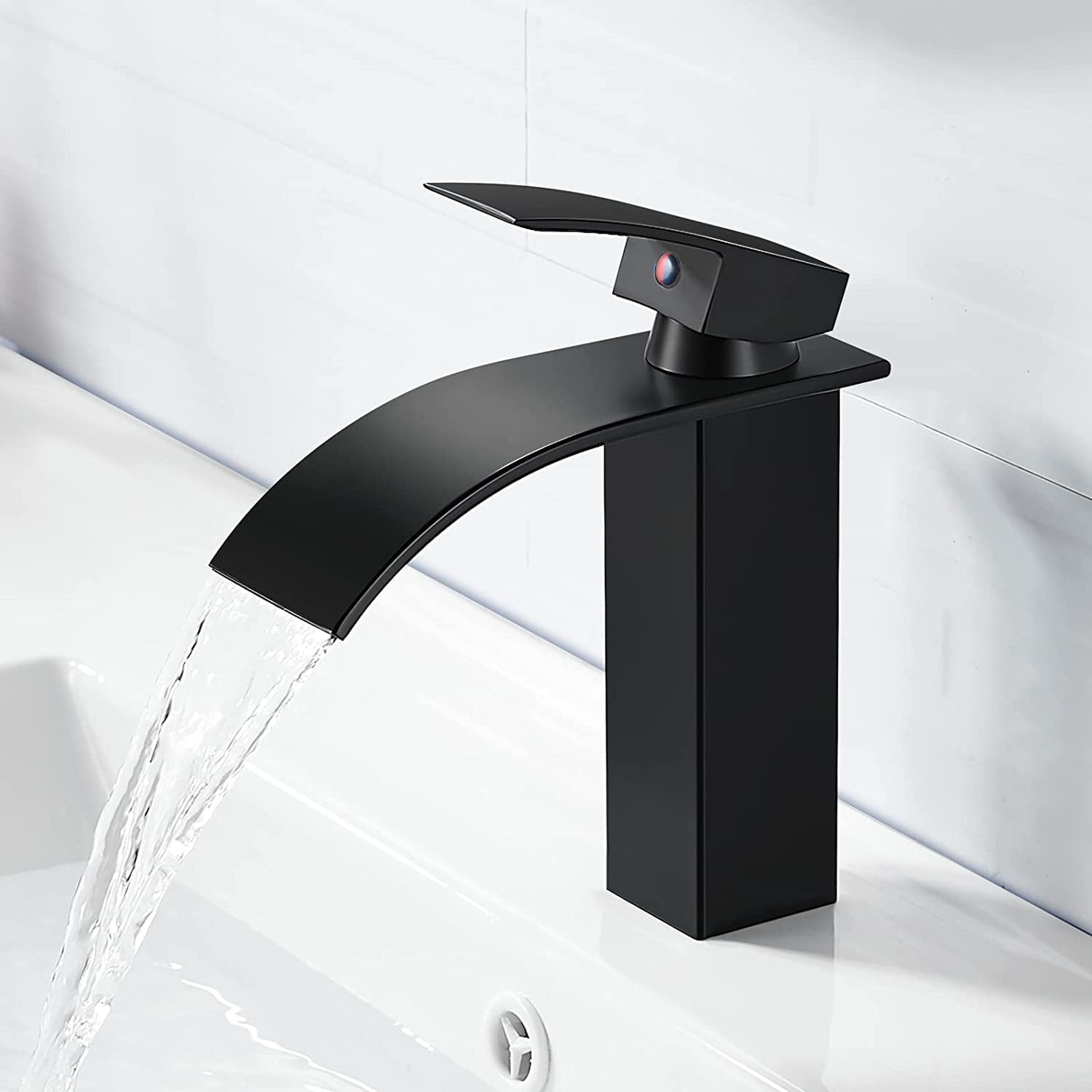 Luniquz Black Single Handle Deck Mounted Brass Waterfall Bathroom Faucet,Hot and Cold Water