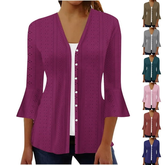 UVEASISHA Eyelet Cardigan for Women 3/4 Sleeve V Neck Button Down Cardigans Boho Casual Summer Vacation Outfuts Blue S