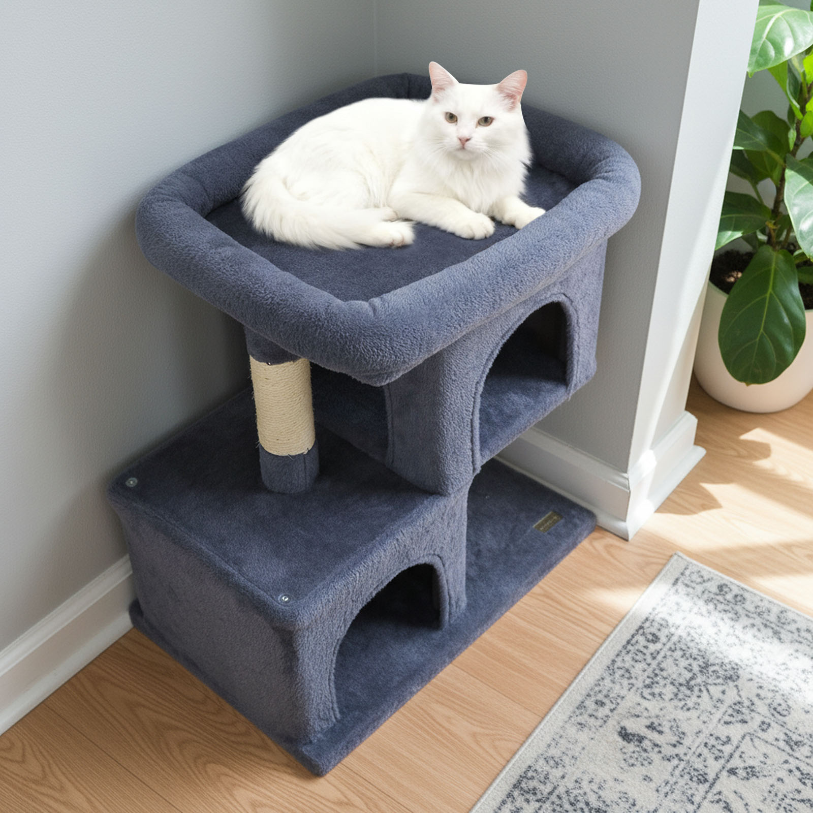 Gymax 25.5'' Cat Tree w/2 Large Condo Padded Top Perch Sisal Scratching Posts for Cats Grey