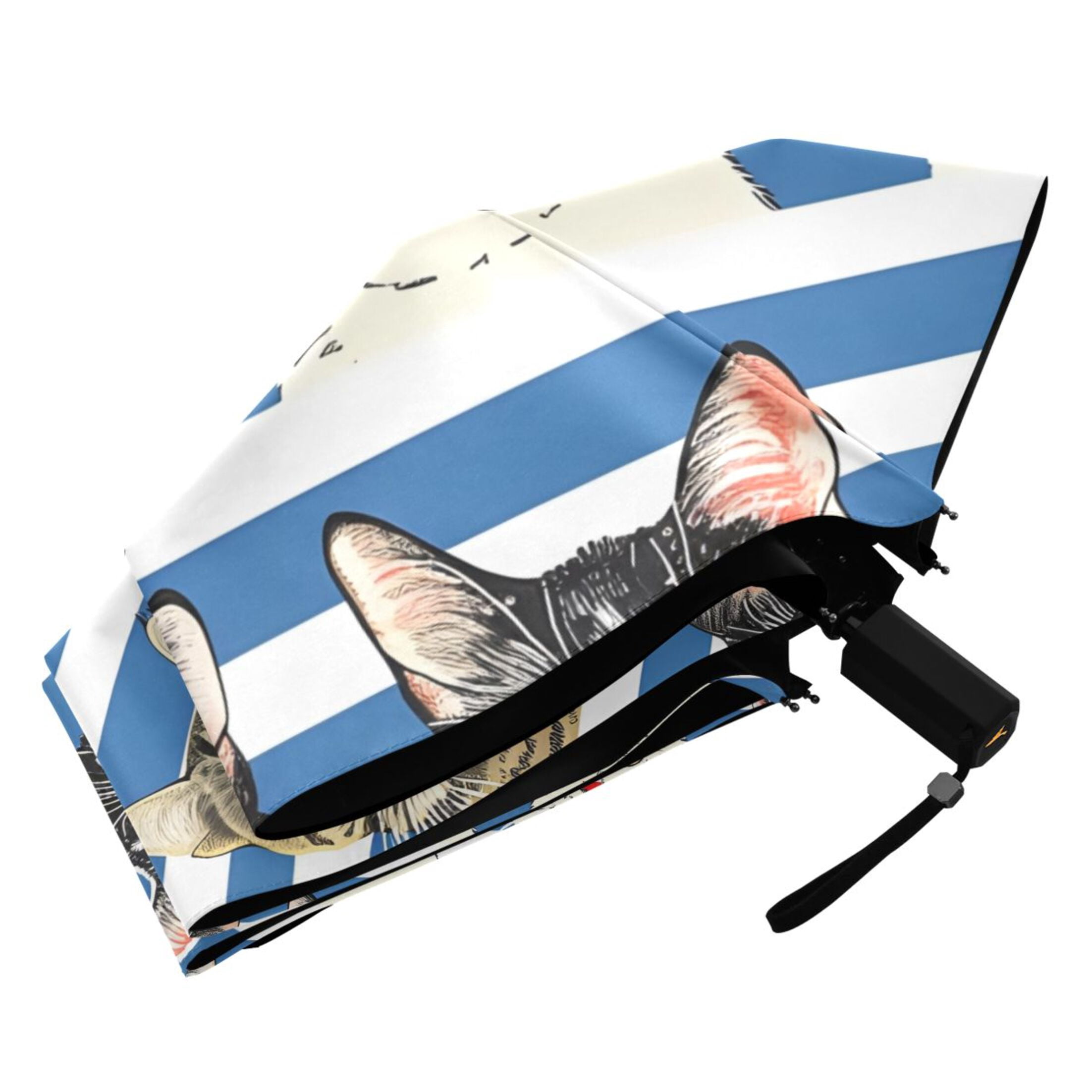 Cats with Blue White Striped Compact Sun Umbrella Windproof Travel Umbrellas for Rain Strong Portable UV Protection