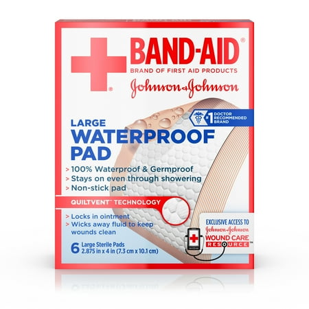 BAND-AID® Brand of First Aid Products Waterproof Pads, for Minor Cut and Scrapes, 2.9 by 4 Inches, 6 Count