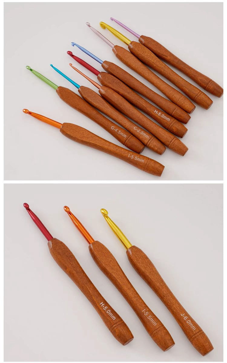 Vruelia Wooden Crochet Hook Set, 9 Piece Bamboo Set Multicolor Aluminum for Yarn 2-6mm