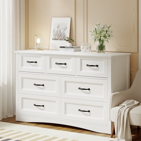 47 Large 7-Drawer Dresser with Metal Handles - Solid Wood Storage Chest for Bedroom Living Room & Entryway - White