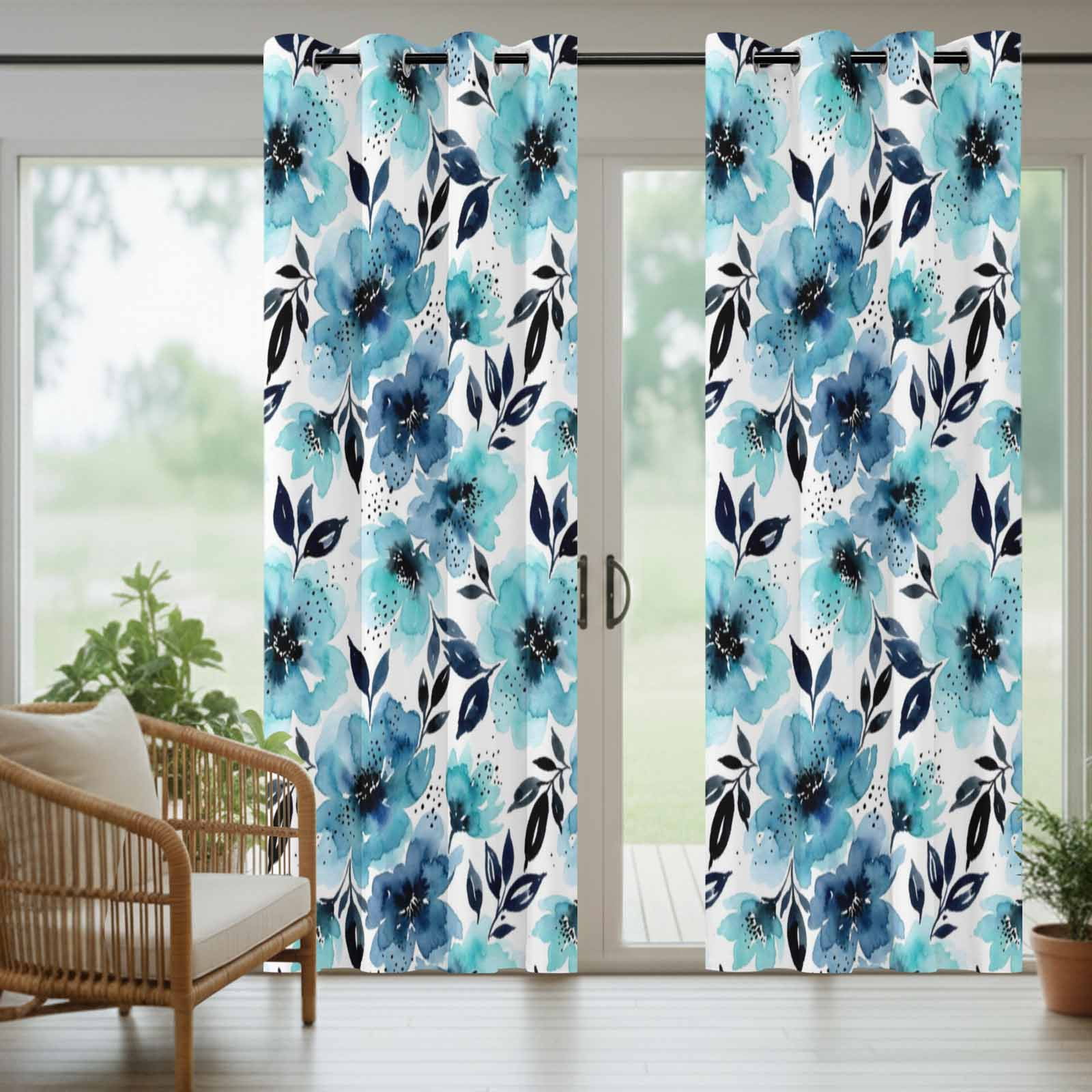 Botanical Floral Leaves Outdoor Curtains for Patio, Watercolor Painting Blue Gradient Blooms Sunshade Privacy Drapes Grommet Waterproof Outside Curtains for Porch/Cabana/Balcony 54"x 108", 1 Panel
