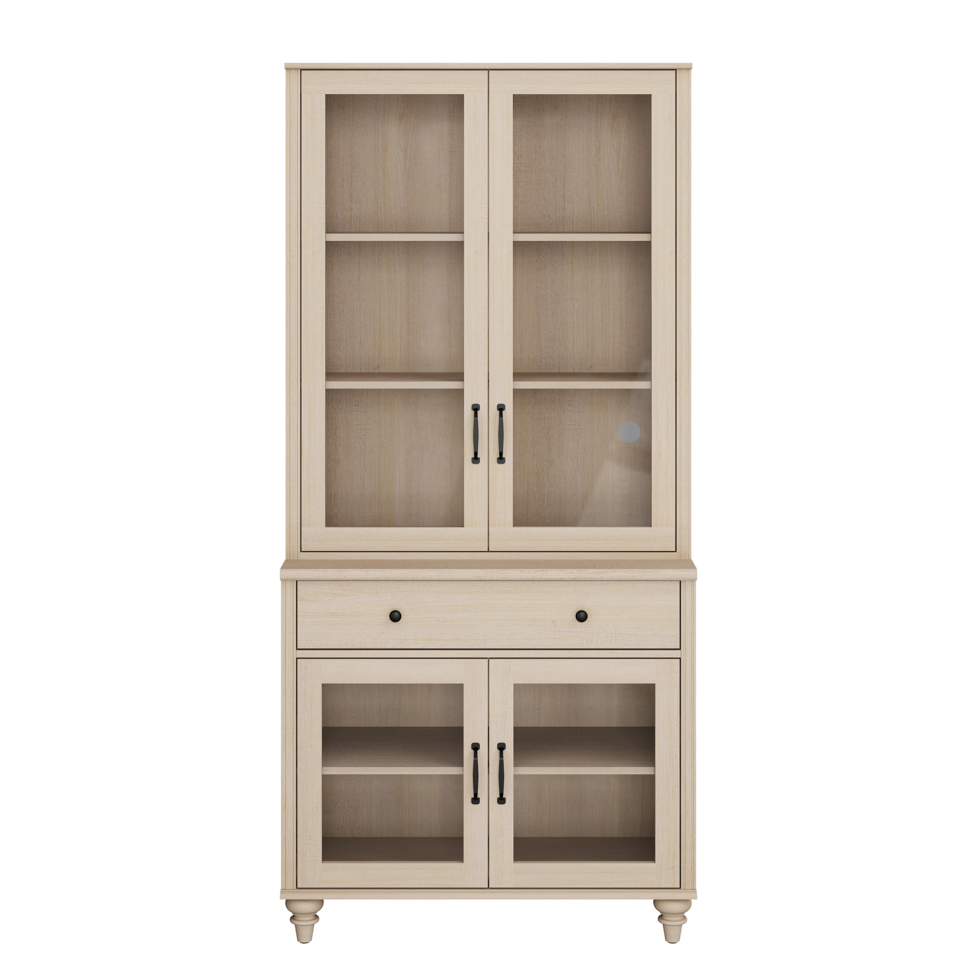 72.1"H × 33.9"W Farmhouse Wooden Bookcase with Glass Doors and Drawer, Large Storage Bookshelf for Living Room, Bedroom, Home Office & Kitchen, Beige