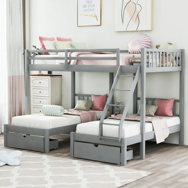 Full Over Twin & Twin Bunk Bed, Wood Triple Bunk Bed With Drawers and Guardrails (Gray)