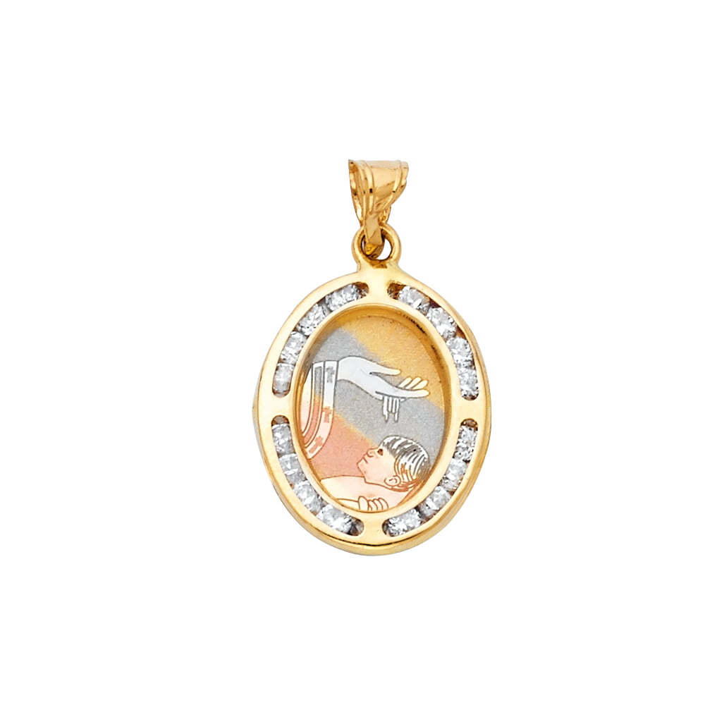 14K Yellow Gold Baptism Cubic Zirconia CZ Charm Pendant with 2.3mm Hollow Cuban Chain Necklace