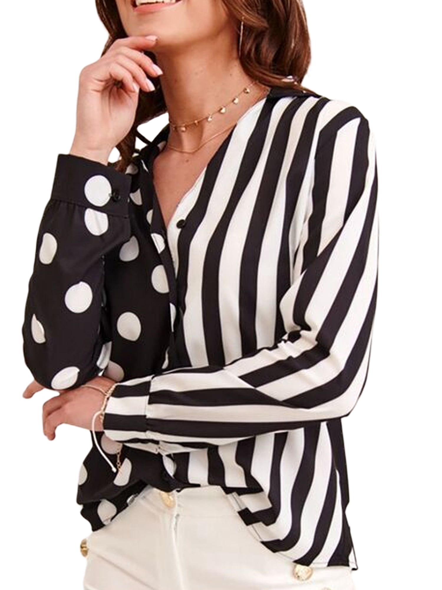 Long Sleeve V-neck Button Down Blouse 