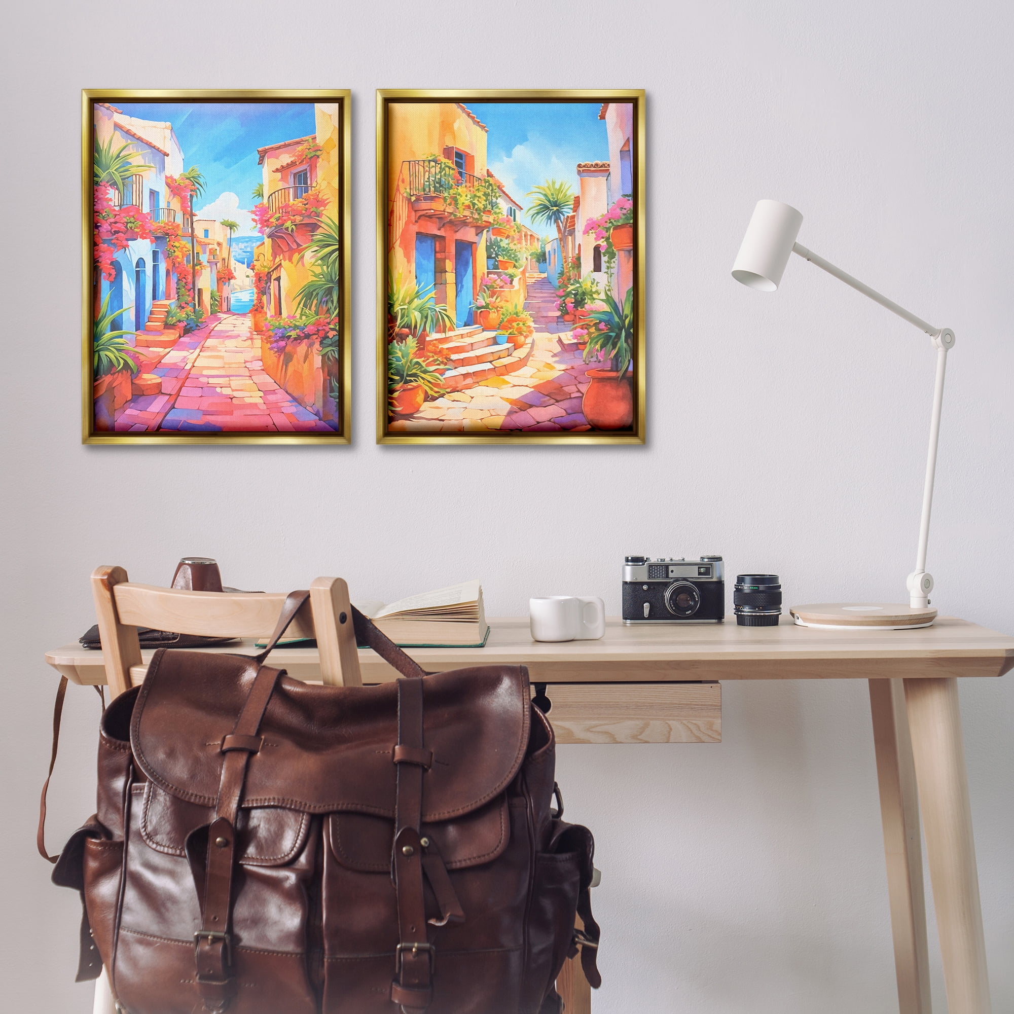 Stupell Industries Quaint Mediterranean Village Buildings & Architecture Painting Gold Floater Framed Canvas Art Print Wall Art, 21 x 31, Set of 2