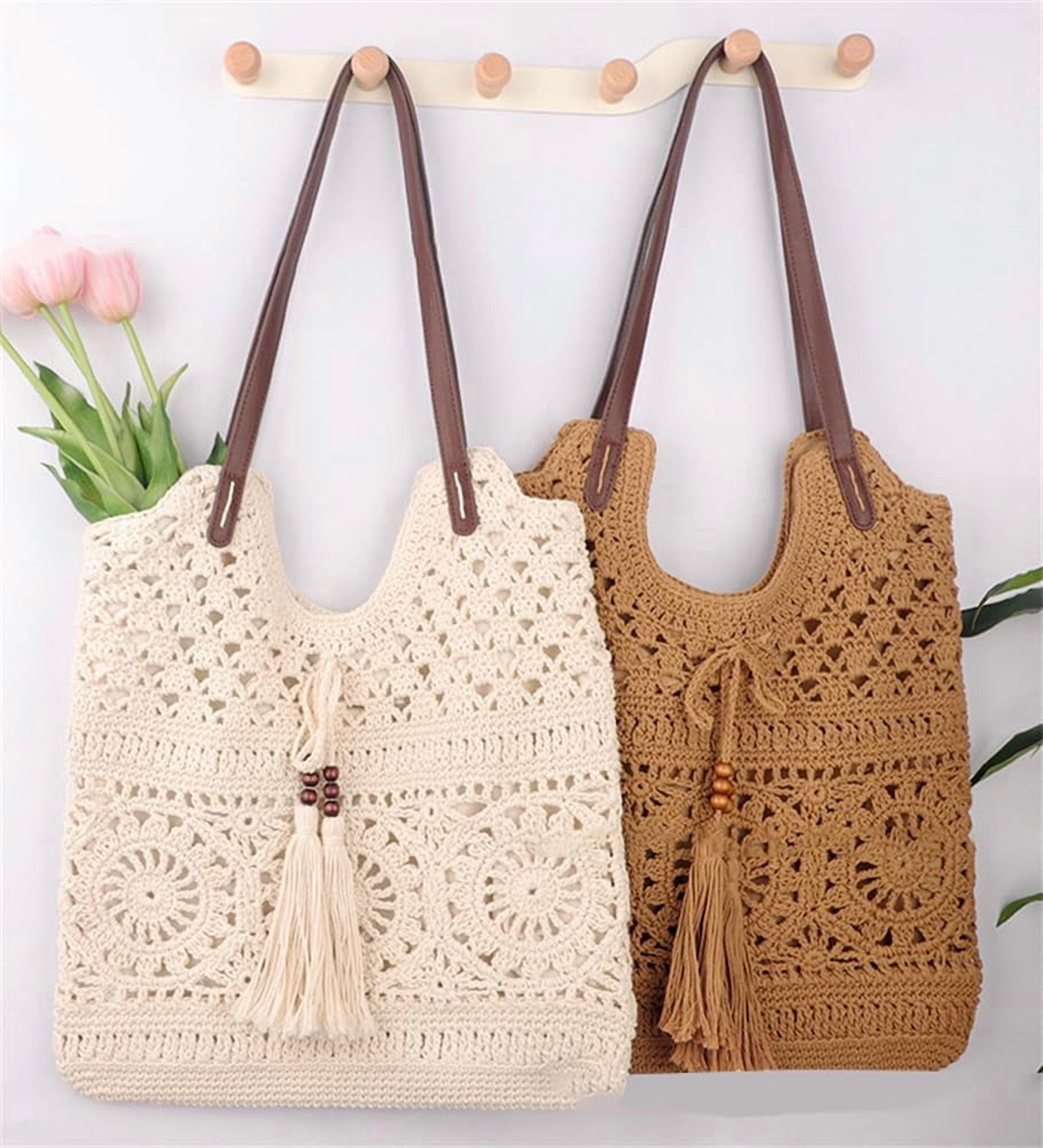 Boho Crochet Summer Handbag Handmade Cotton Rope Knit Shoulder Bags for Women Bohemia Tote for Travel Straw Hobo Bag