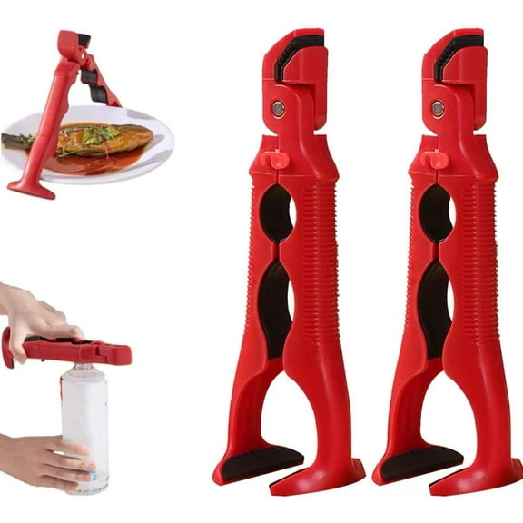 3-in-1 Hot Plate Gripper Clips, Multi-Angle Anti-Scald Bowl Holder Clip, Hot Plate Gripper Tongs with Lock & Bottle Opener, Silicone Hot Plate Grabber Tool, Multi-Purpose Tongs for Kitchen (Red*2)