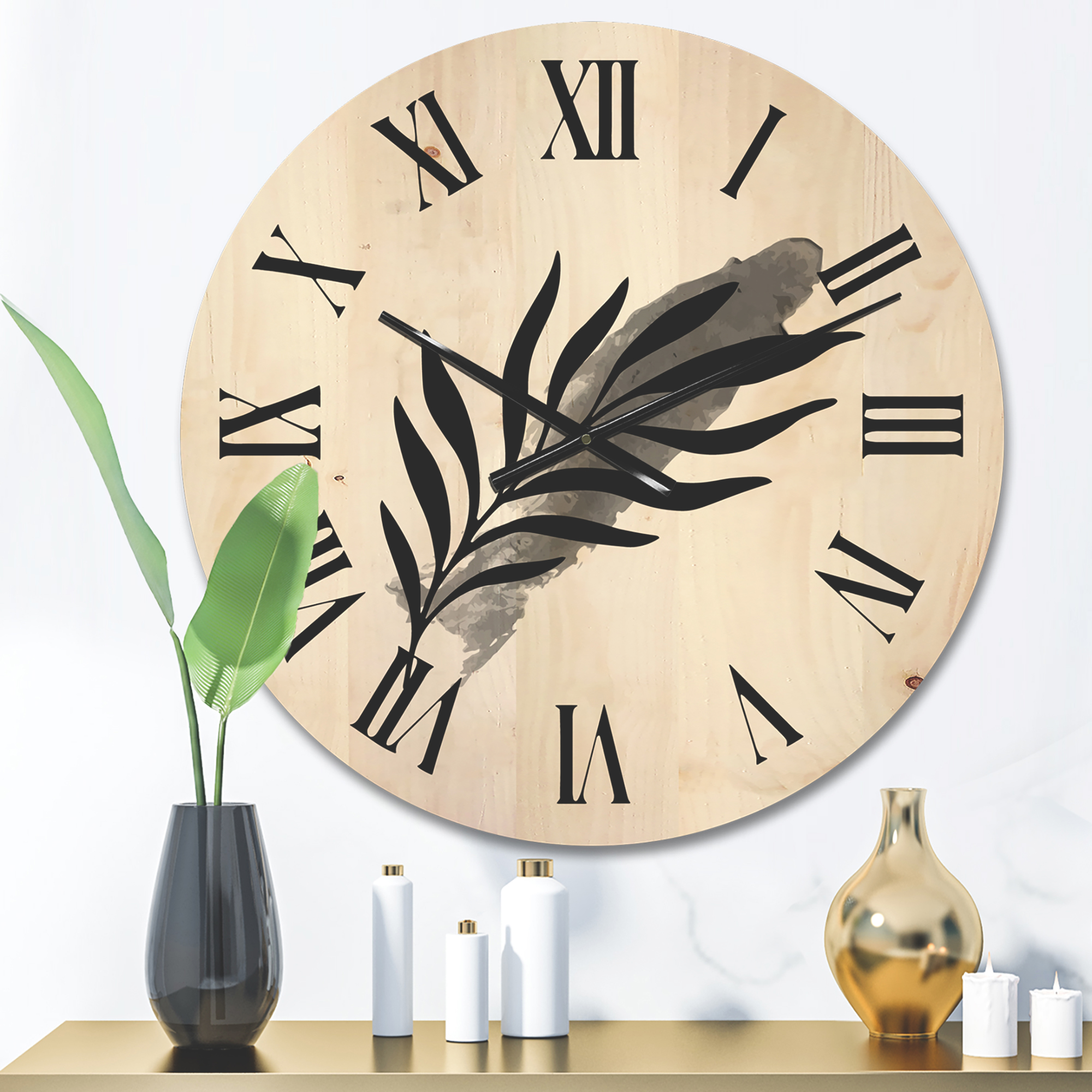 Designart 'Abstract Black Tropical Leaf I' Modern Wood Wall Clock