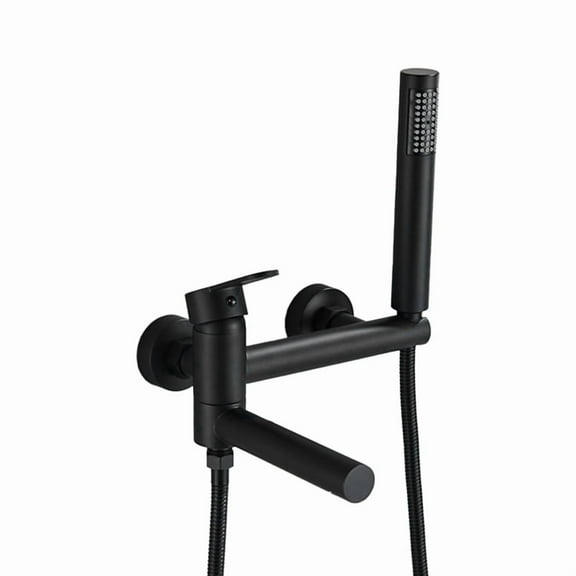 Matte Black Wall-Mounted Bathtub Faucet with Swivel Spout, Long Reach Tub Crane, Single Handle Shower Mixer Tap