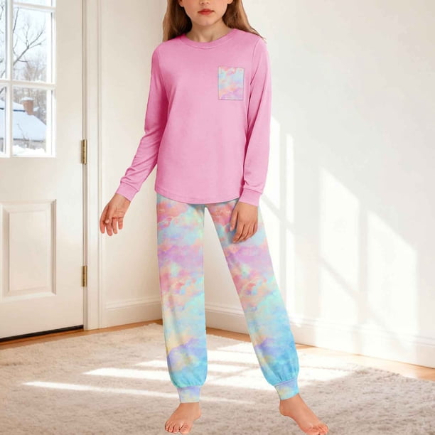 Conjuntos de blusa y camisa de manga larga con cuello redondo para niños y niñas de 5 a 14 años con estampado y bolsillo. Conjunto de top y pantalón de manga larga.