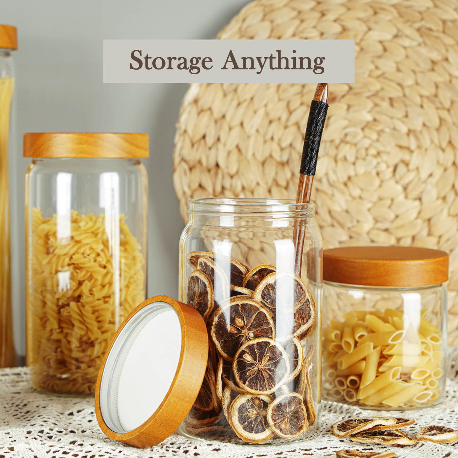 Labina Glass Storage Container Food Jars Kitchen Canister with Wood Lids and Screw Feature, 131 oz Wide Mouth Pantry Organization Glass Jar for