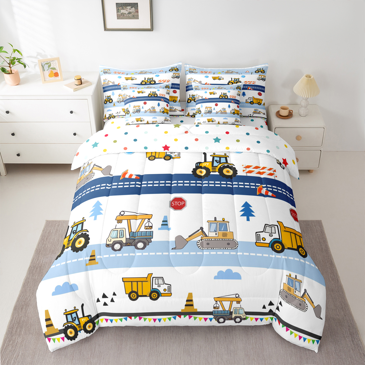 Homewish Cartoon Excavator Bulldozer 7-Piece Twin Bedding Sets,Construction Vehicles Bedding Comforter Set,Blue White Yellow Sheet Sets For Boys Kids,Super Cozy Room Decor Reversible
