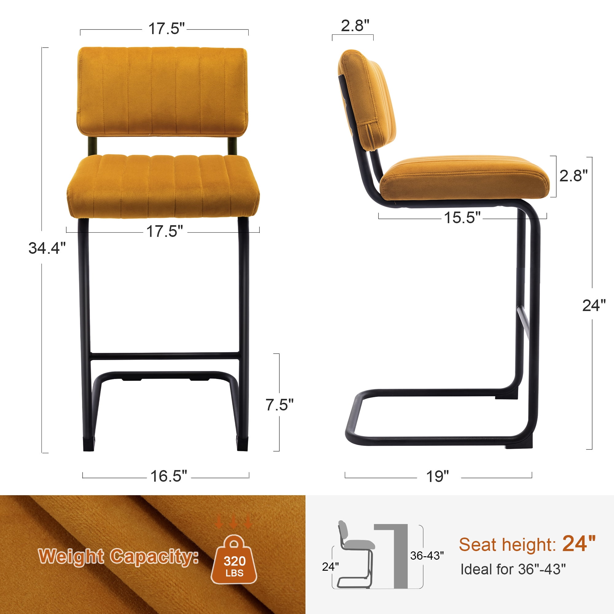 ONEVOG 24''H Counter Height Bar Stools Set of 2, Morden Counter Bar Stools with Velvet and Black Metal Legs, Upholstered Bar Stool For Kitchen Island, Cognac