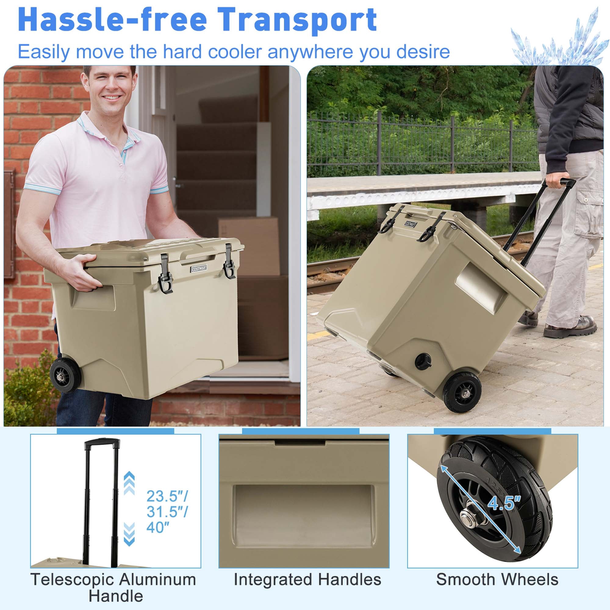 Costway 42 Qt Portable Cooler Roto Molded Ice Chest Insulated 5-7 Days with wheels Handle Tan