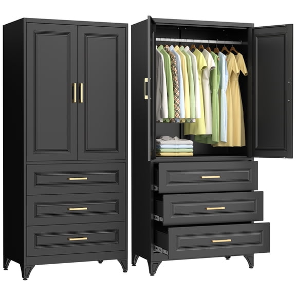 Polup 71“ H Metal Armoire Wardrobe Closet with 3 Drawers, Adult Large Wardrobe Cabinets with Hanging Rod