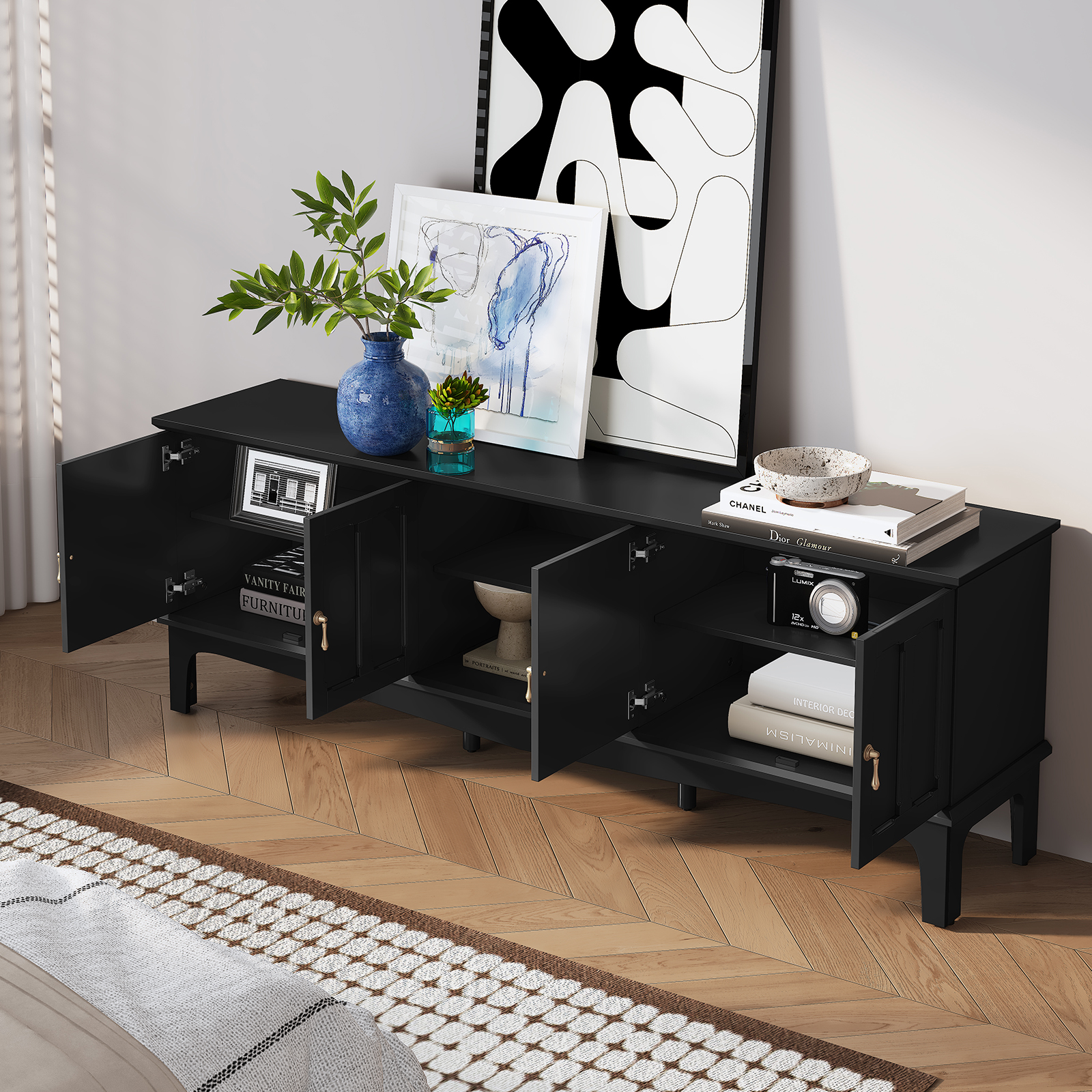 CBJCBJ Retro 67" TV Stand for TVs up to 70", Living Room Entertainment Center with 4 Door Storage Cabinet,Black