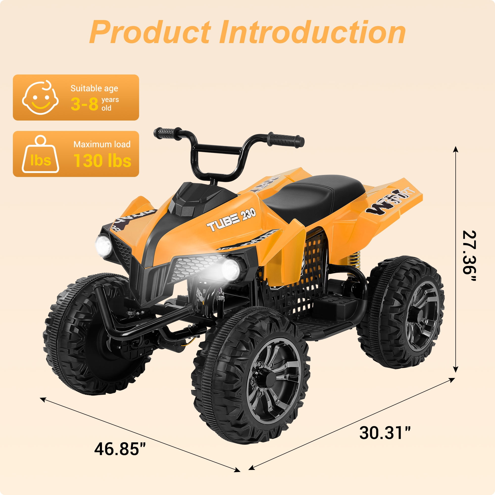 Neche 24V 2 Seater Ride on Toy, 4*200W Motors,9AH Battery Powered ,4-Wheeler Kids ATV with Bluetooth & LED lights, for Ages 3-8,Orange