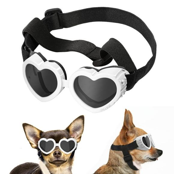 Lewondr Small Dog Sunglasses UV Protection Goggles Eye Wear Protection with Adjustable Strap Doggy Heart Shape Anti-Fog Sunglasses for Pet Dogs Sun Glasses Doggie Windproof Glasses, White