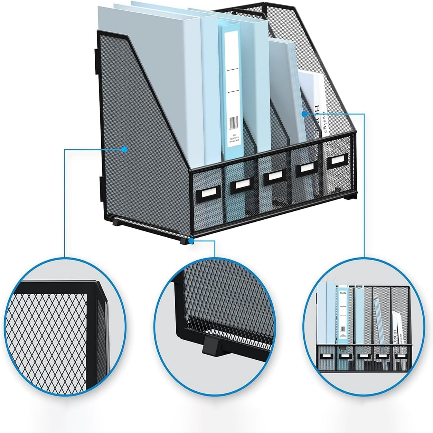 INTIGE Metal Desk File Organizers with 5 Vertical Compartments for Office, Home, Black, 1 Piece