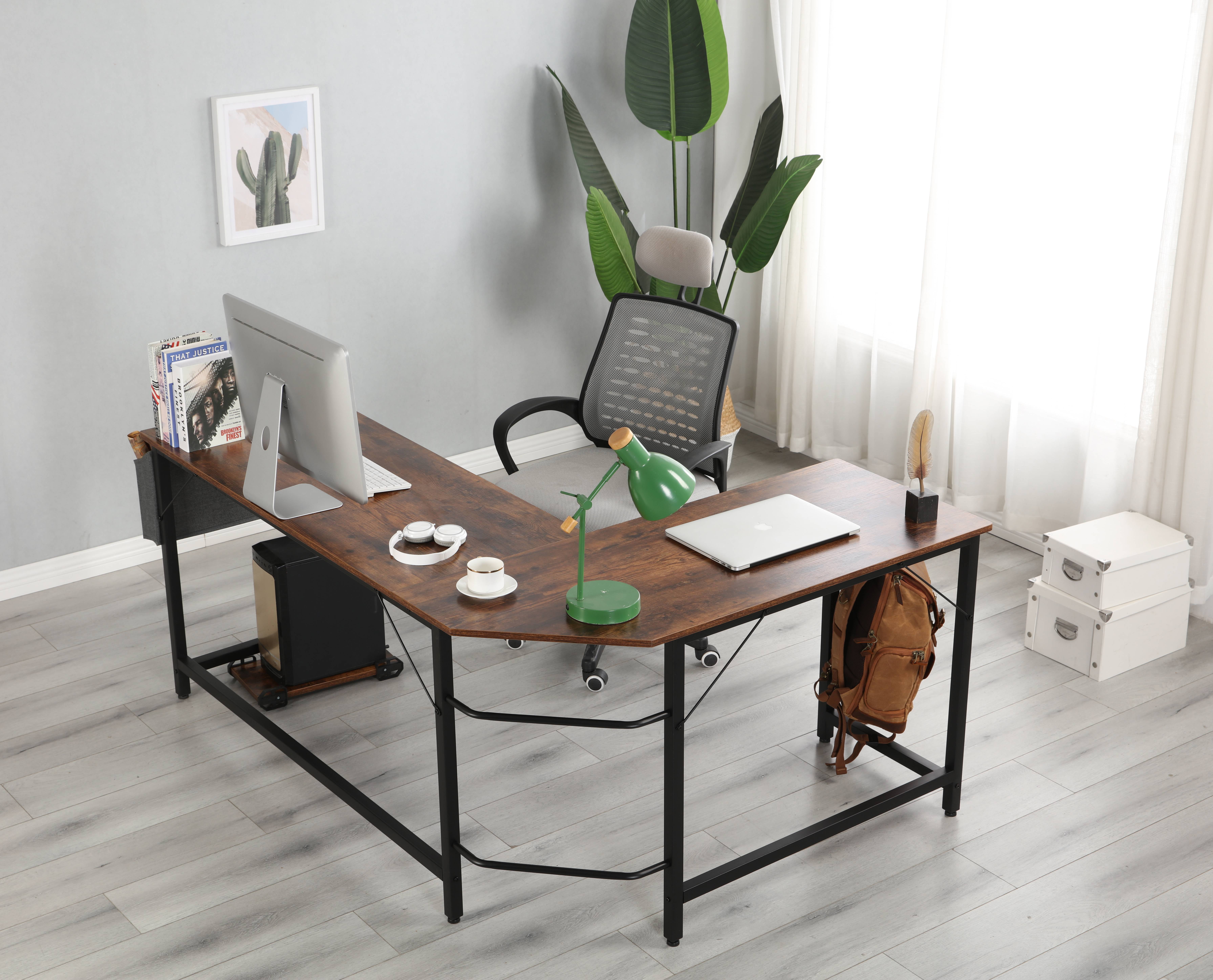 Espresso CAIYUN L Shaped Corner Desk 59 inches Computer Desk with Monitor Stand Home Office Desk with Storage Bag and Iron Hook