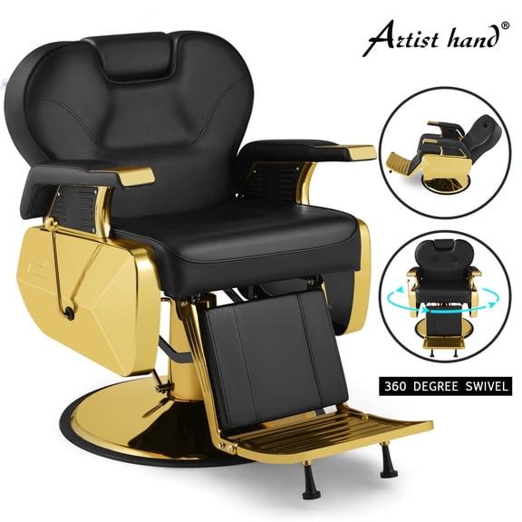 Artist Hand Reversible Foot Pedal Recliner Barber Chair Heavy Duty Hydraulic Salon Hair Stylist Tattoo (Black, Gold)