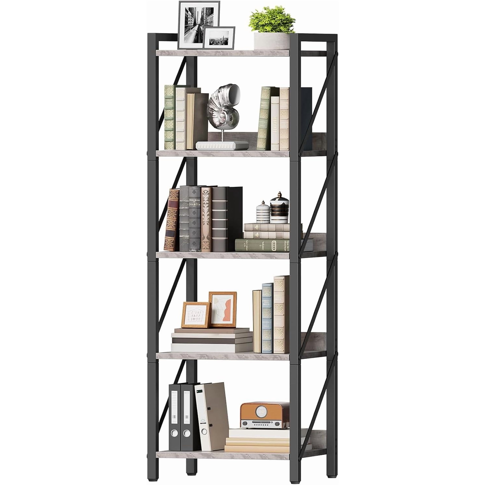 Bookshelf 5-Tier Industrial Bookcase Book Shelf Storage Organizer Tall Bookshelf with Metal Frame for Living Room Bedroom Home Office Kitchen Greige and Black BG73SJ01