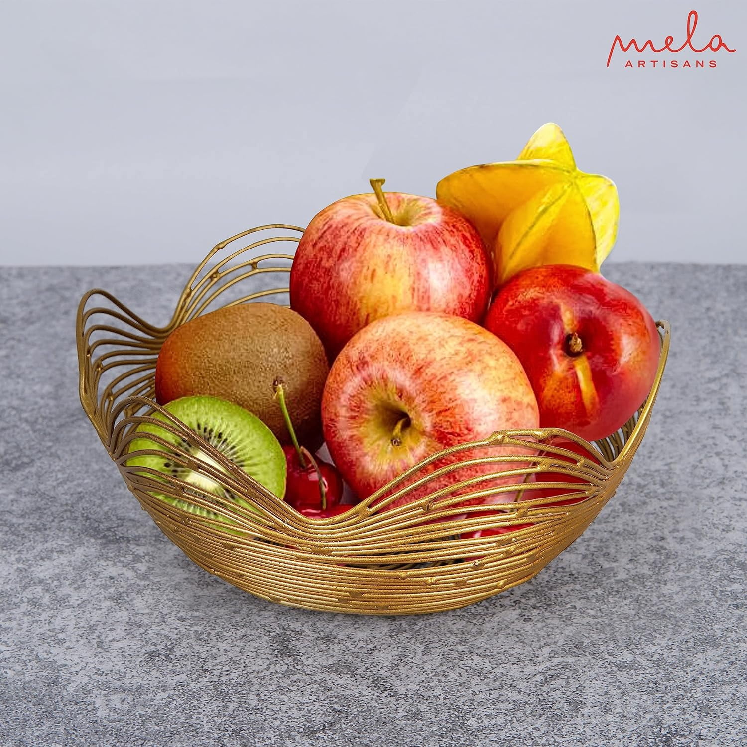 Mela Artisans Gold Wire Fruit Basket Kitchen Counter - Medium, Gurez Valley Design , Decorative Round Wire Basket , Modern Metal Vegetable & Fruit Bowl , Cute Farmhouse Table Decor , 9 x 4 x 4