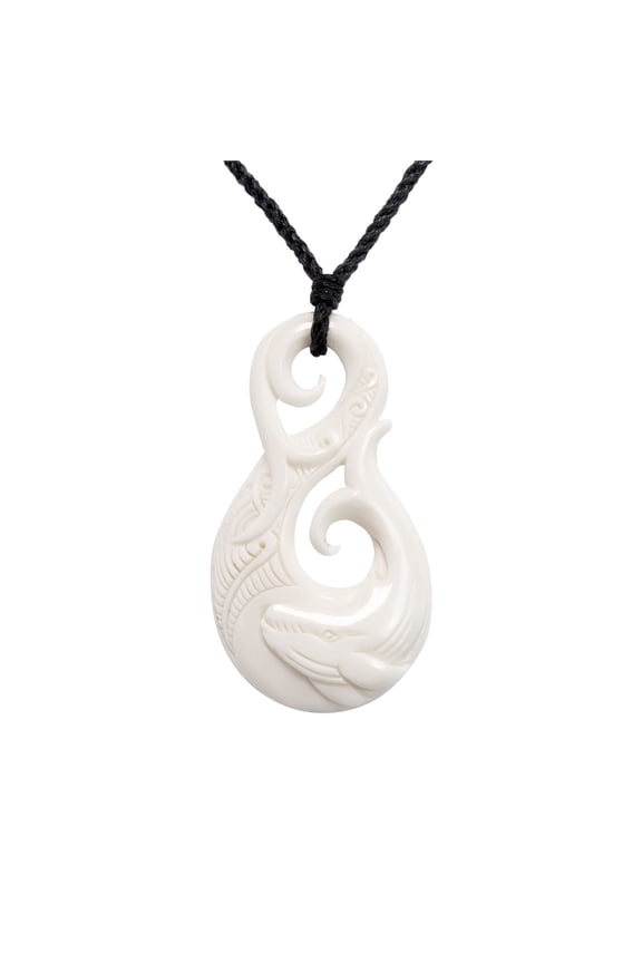 Women's Men's Hand Carved Bone Engraved Whale Tail Hei Matau Koru Pendant Necklace
