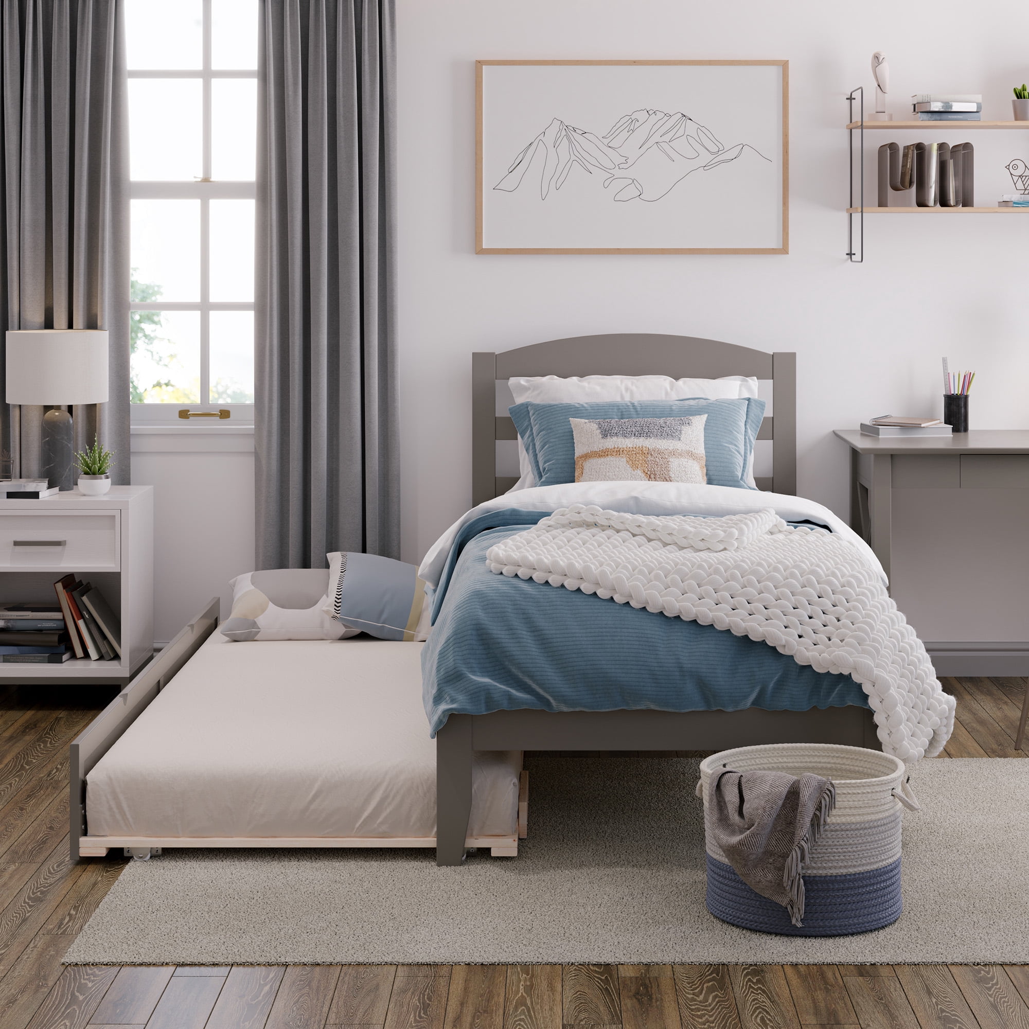 AFI Warren 14" Twin Wood Platform Bed Frame with Twin Trundle, Grey