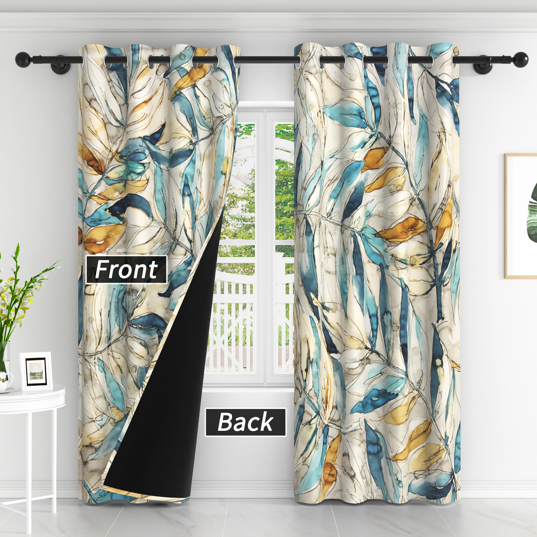 Lfeey Watercolor Leaves Print Blackout Curtains 84 in Long, Window Drape for Bedroom Living Room, 2 Panels