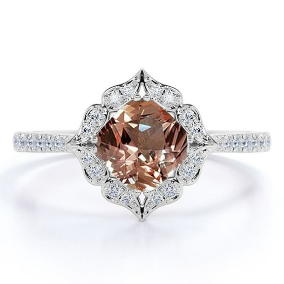 JeenMata Cushion Cut Peach created morganite Halo Engagement Ring in 18k White Gold over Silver