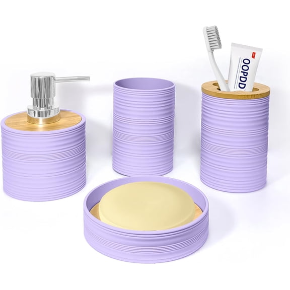 Bathroom Accessories , Bathroom Sets Accessories, Bamboo Bathroom Accessory Set Includes Soap Dish, Soap Dispenser, Toothbrush Holder, Toothbrush Cup, Boho Bath Decor