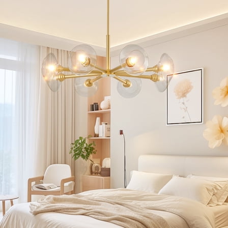 36 Inch Modern Gold 8 Light Sputnik Chandelier Clear Glass Shades Mid Century Hanging Pendant Light for Kitchen Island Dining Room Living Room Bar