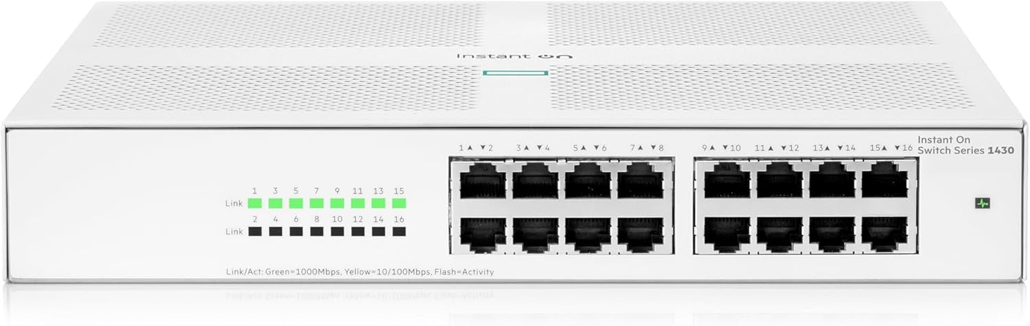 Restored Aruba R8R47A Instant On 1430 16-Port Gigabit Unmanaged Switch – High-Speed Ethernet Networking, Plug-and-Play (Refurbished)
