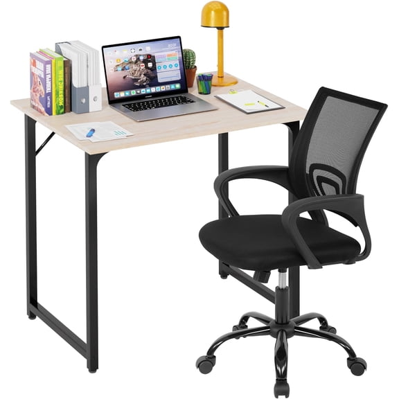 WYDK 32 Inch Home Office Desk and Chair Set,32 Inch Computer Desk with Ergonomic Height Adjustable Office Chair for Home Office,Nature&Black