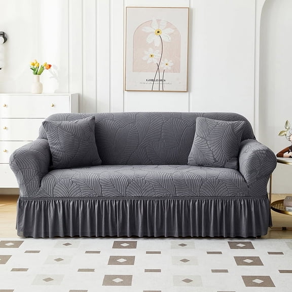 suxuMhao Skirt Style Sofa Cover for Couch, Stretch Sofa Covers Washable, Non Slip Scratch Resistant 2 Seater Couch Cover, Loveseat Size Slipcovers Fit 57-72.83 Inches, Dark Gray,1 Piece, Style 2