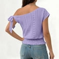 thumbnail image 5 of Miluxas Women's Trendy One Shoulder Blouse - Eyelet Lock Knit Short Sleeve Top with Bow Tie Smocked Hem Solid Tunic Shirts Summer Beach Outfits Purple, 5 of 9