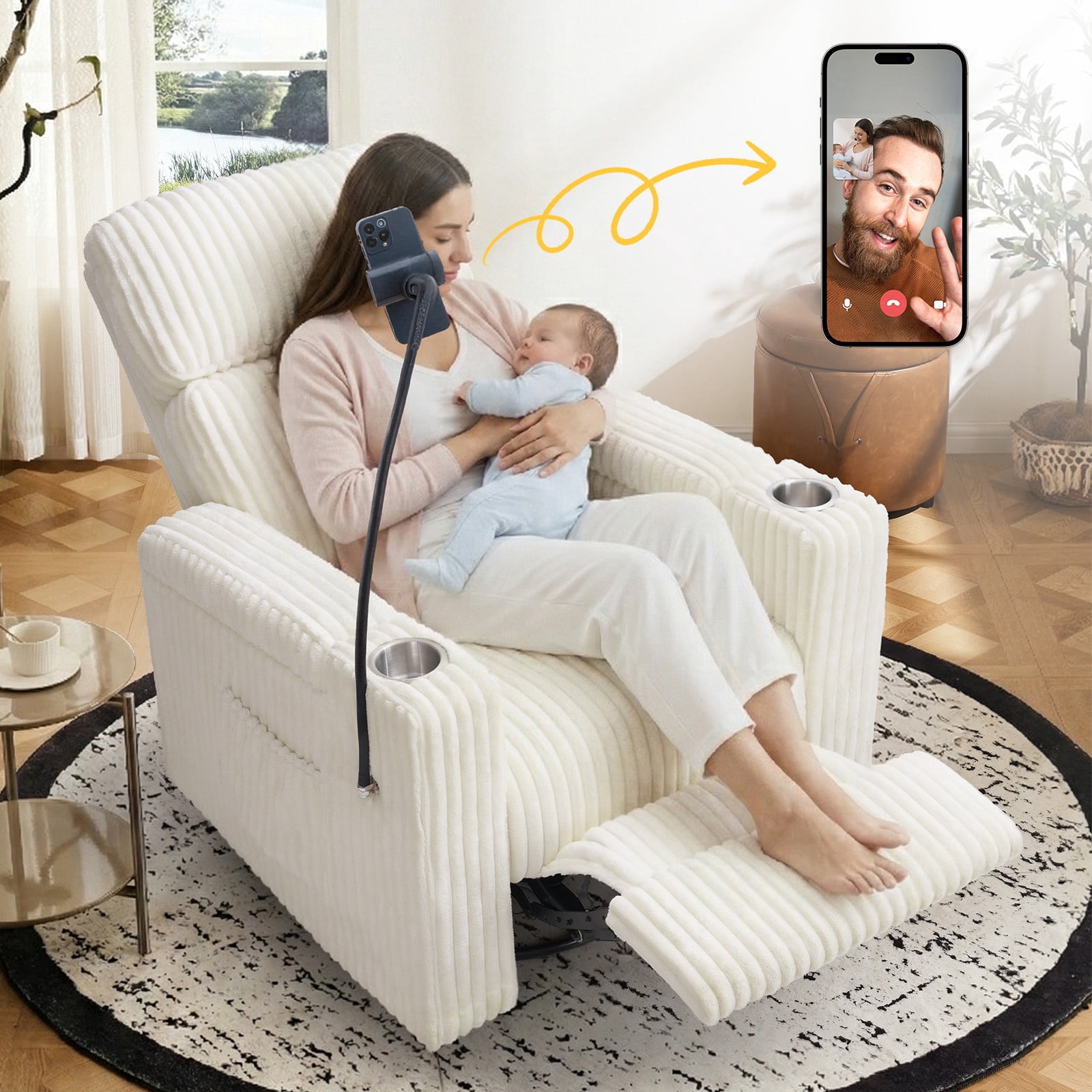 JULY'S SONG Power Recliner Rocking Chair for Nursery, Swivel Rocker Recliner Chair with Phone Holder, USB/Type-C Ports, Nursery Glider Recliners with Arm Storage,White