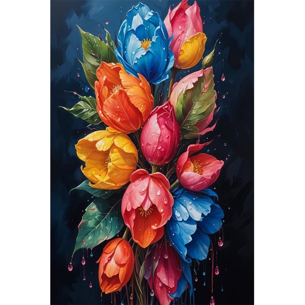 Kit Pintura Por Números Sobre Lienzo Arte Al Óleo Artesanal Tulipanes Coloridos Del 40x60cm