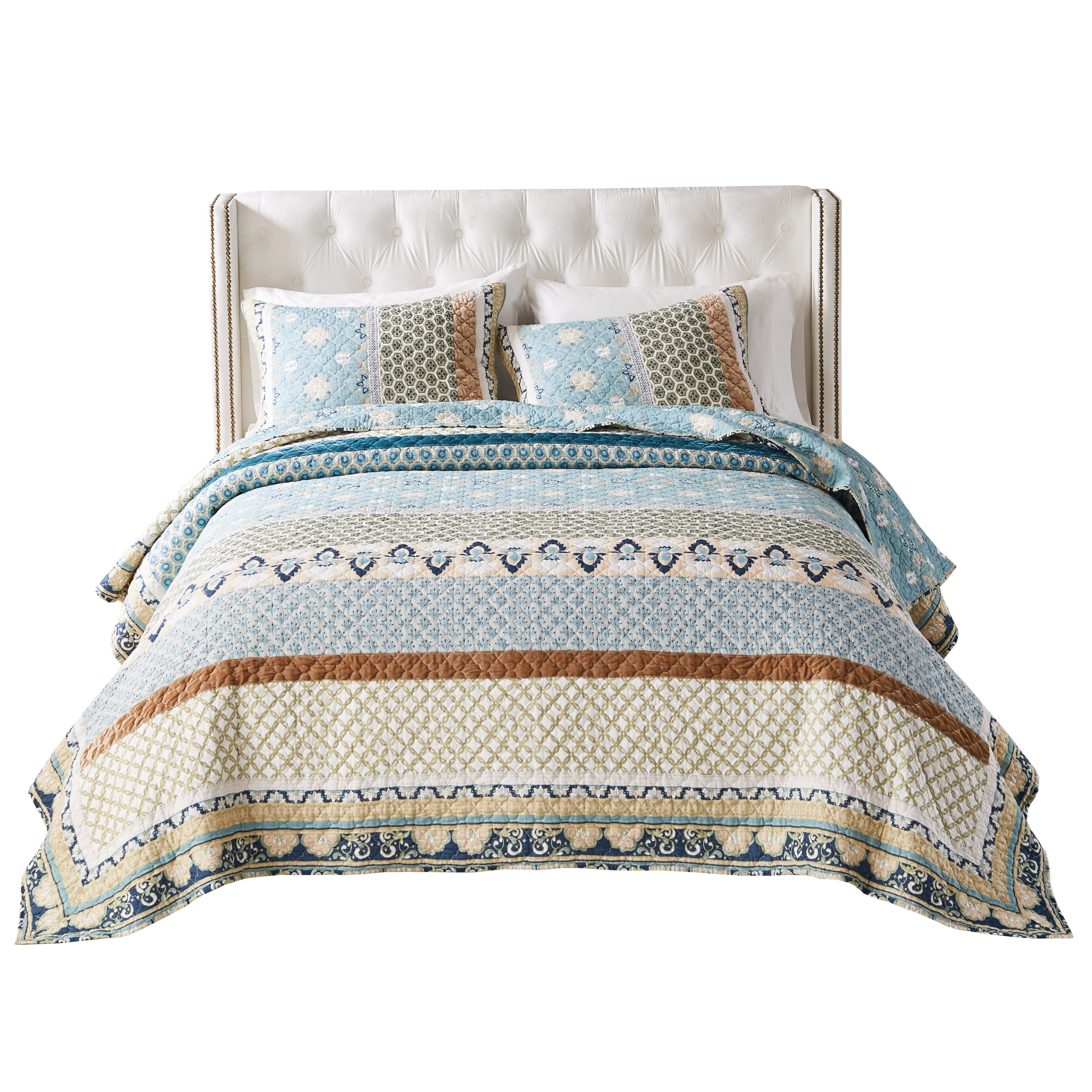 Greenland Home Fashions Thalia Reversible Cotton Quilt Set, Velvet Embellished, 3-Piece Full/Queen, Blue