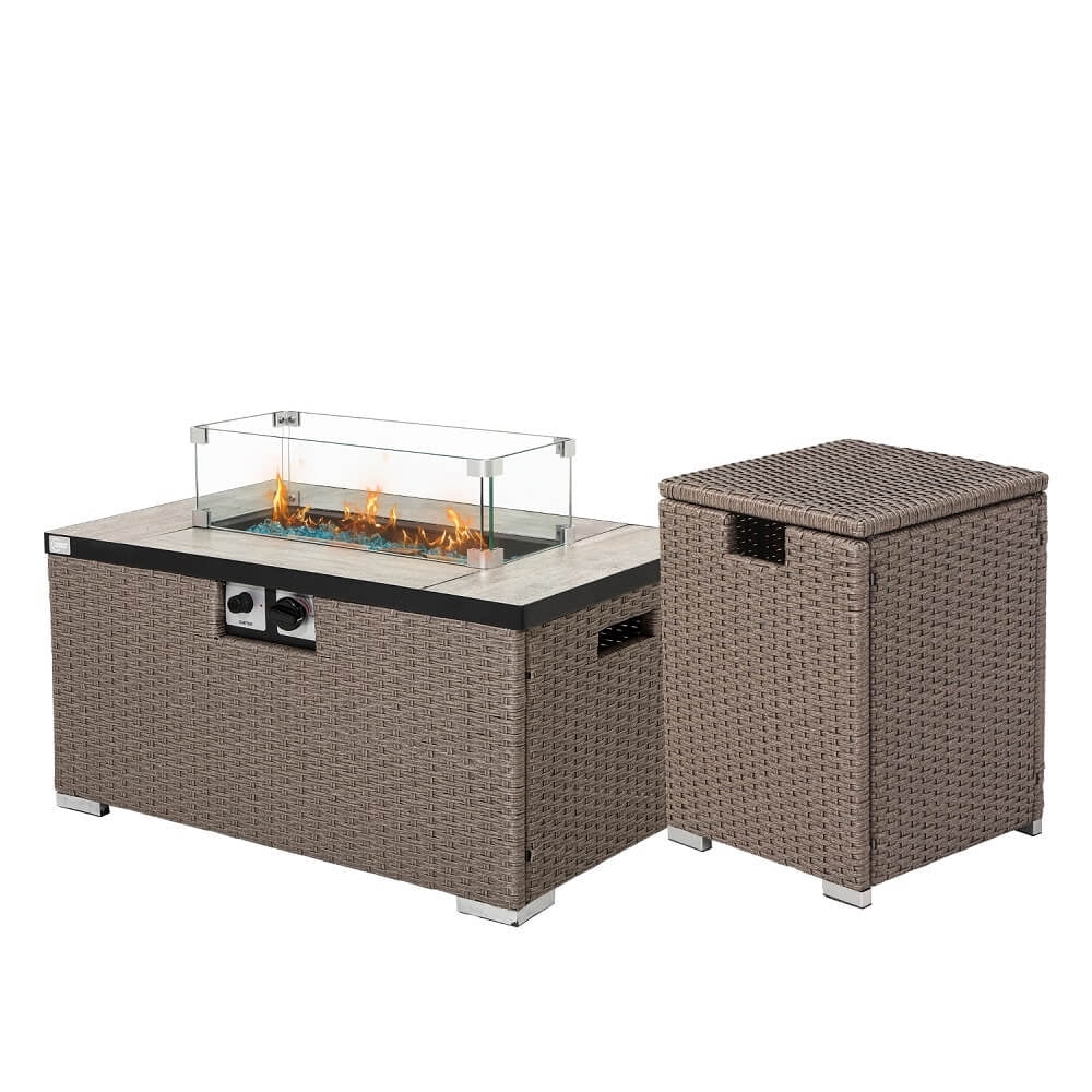 COSIEST Outdoor Propane Rectangle Brownish Gray Wicker Fire Pit Table
